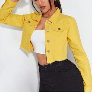 SHEIN Women’s Yellow Denim Crop Button Down Jacket Front Pockets Size XS